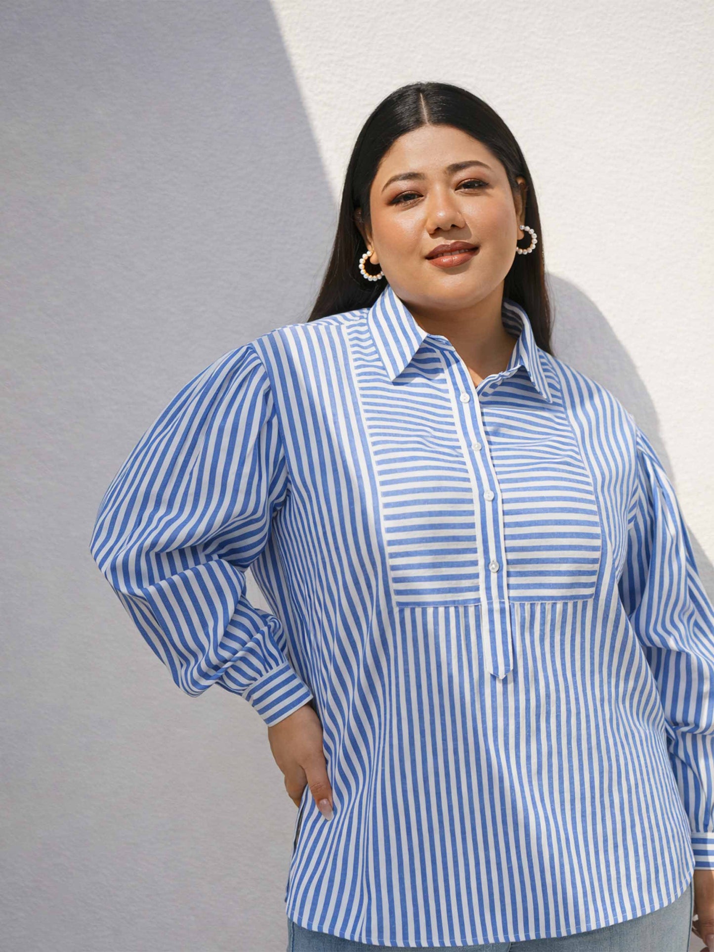 Navy Stripes Front Yoke Detail Regular Shirt