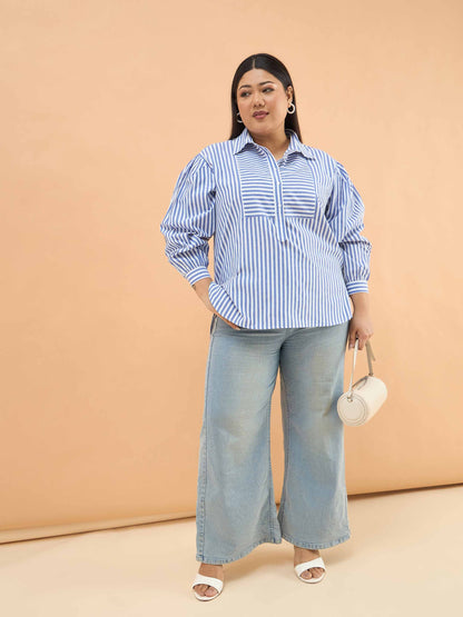 Navy Stripes Front Yoke Detail Regular Shirt