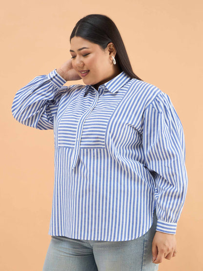 Navy Stripes Front Yoke Detail Regular Shirt