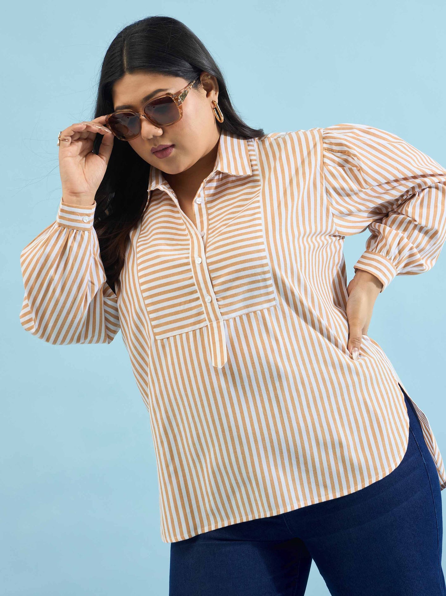 Brown Stripes Front Yoke Detail Regular Shirt