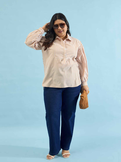 Brown Stripes Front Yoke Detail Regular Shirt