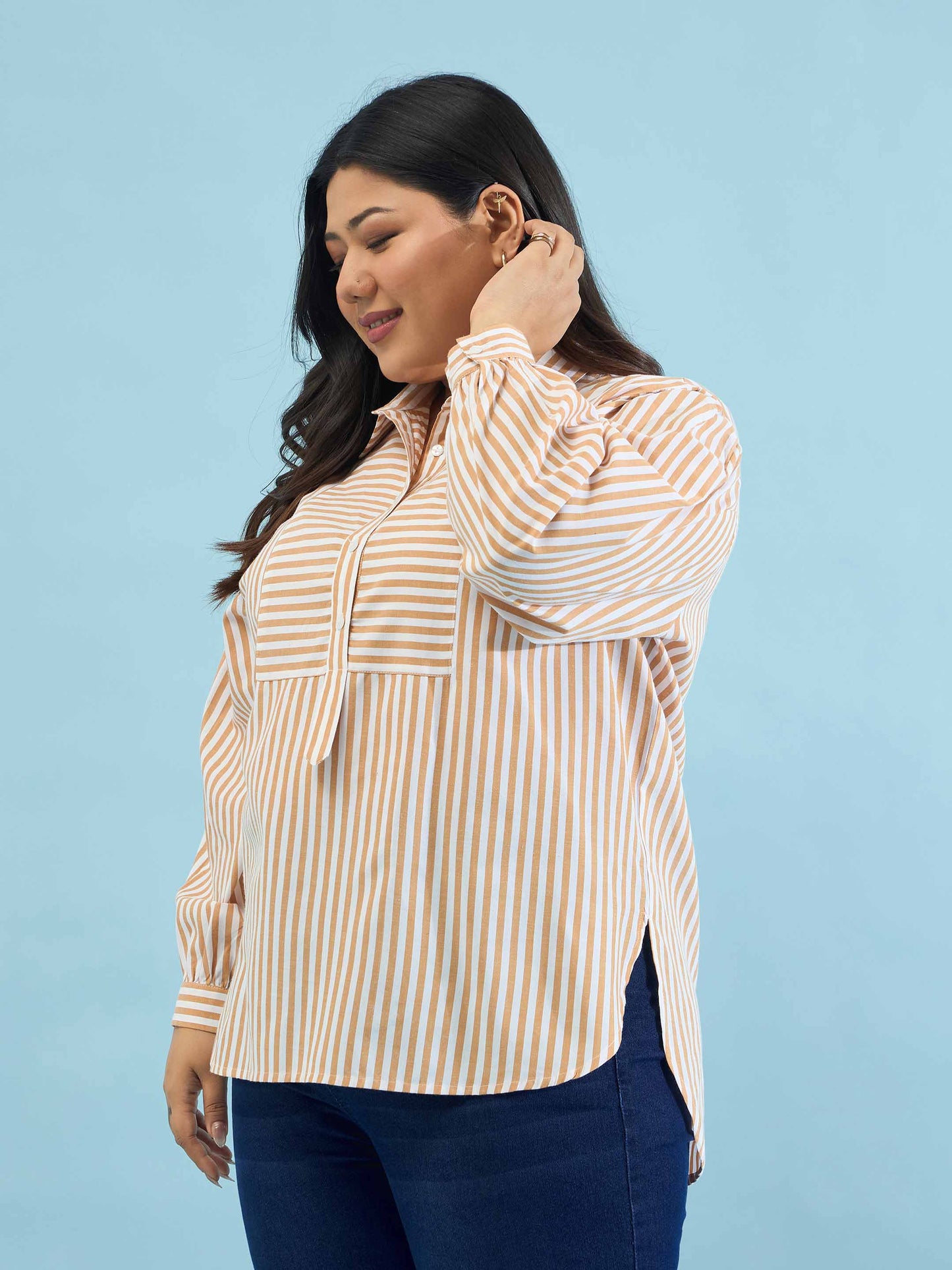 Brown Stripes Front Yoke Detail Regular Shirt