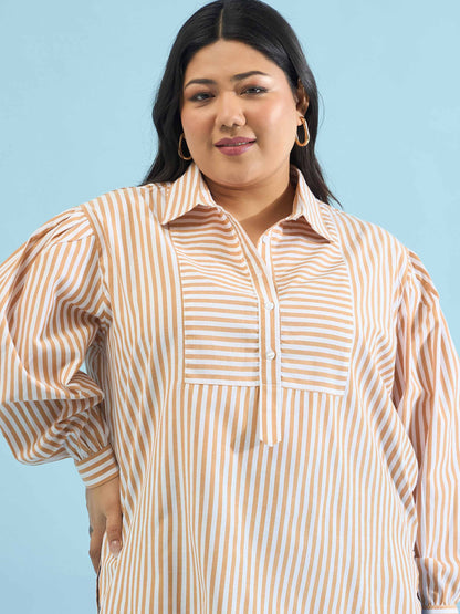 Brown Stripes Front Yoke Detail Regular Shirt