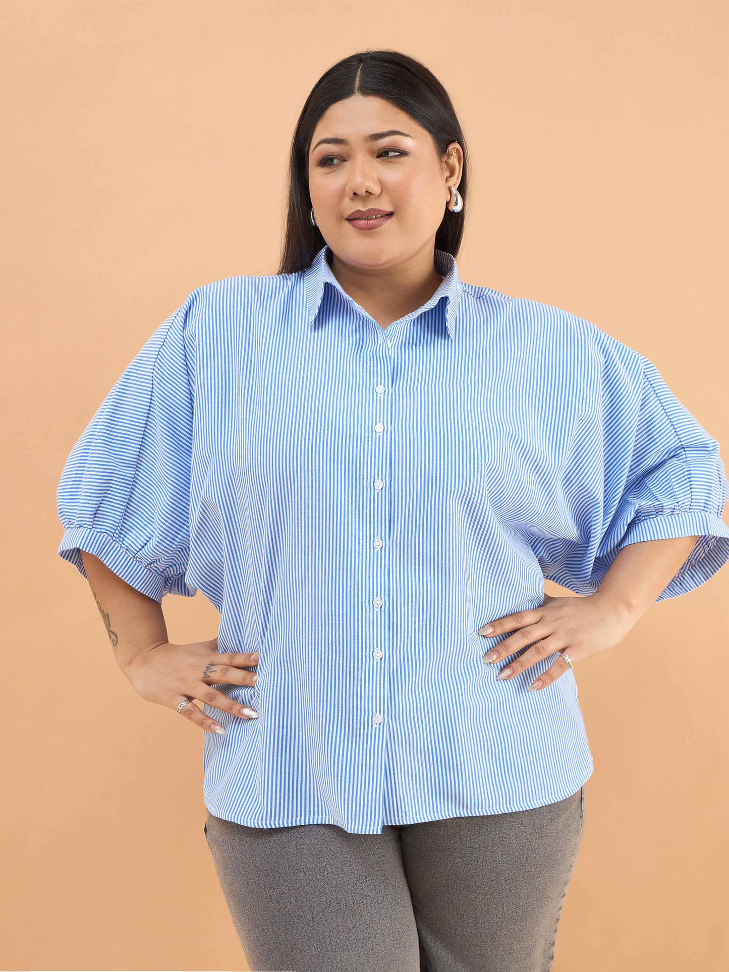 Blue Stripes Kimono Sleeves Regular Shirt