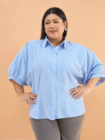 Blue Stripes Kimono Sleeves Regular Shirt