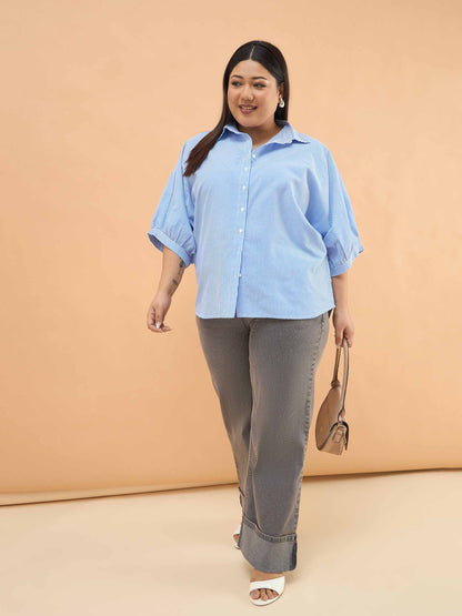 Blue Stripes Kimono Sleeves Regular Shirt
