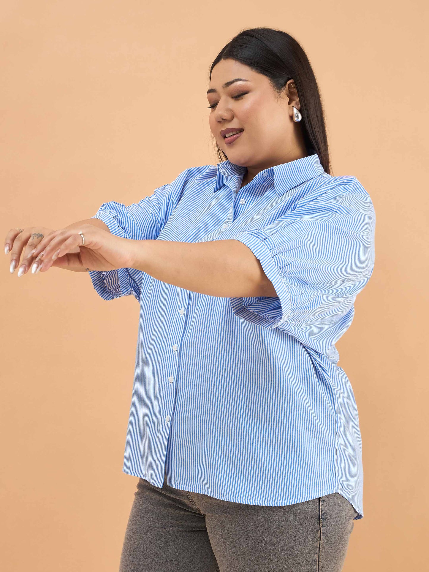 Blue Stripes Kimono Sleeves Regular Shirt