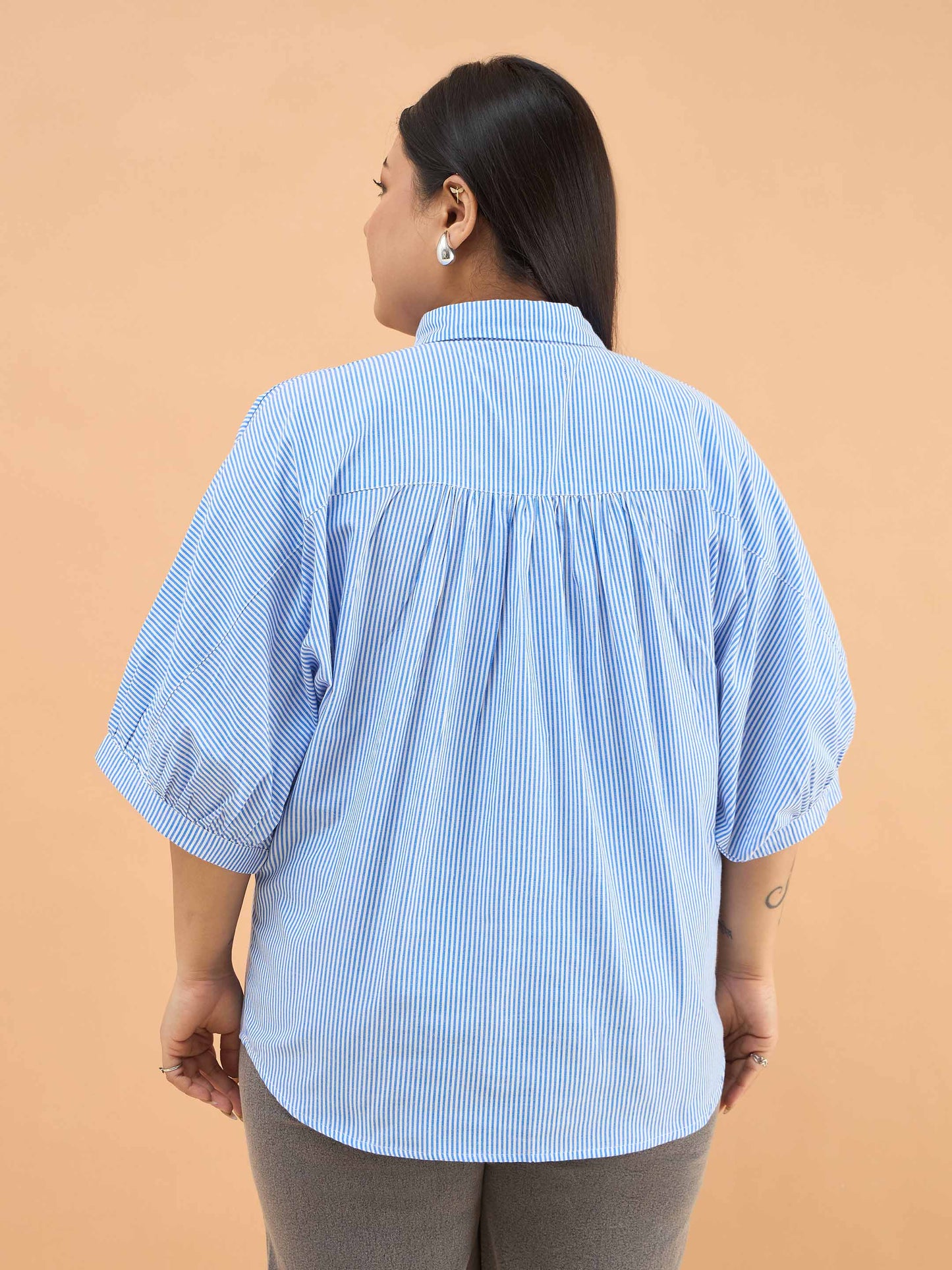 Blue Stripes Kimono Sleeves Regular Shirt