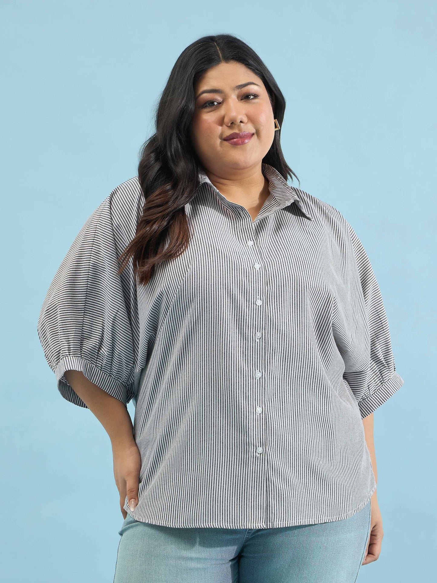 Black Stripes Kimono Sleeves Regular Shirt
