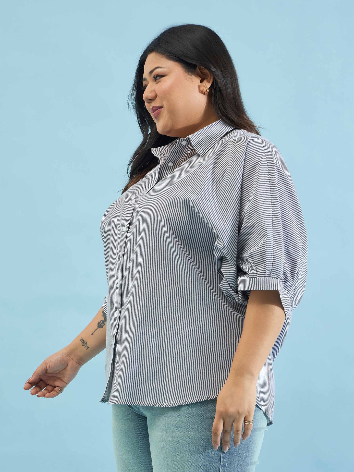 Black Stripes Kimono Sleeves Regular Shirt