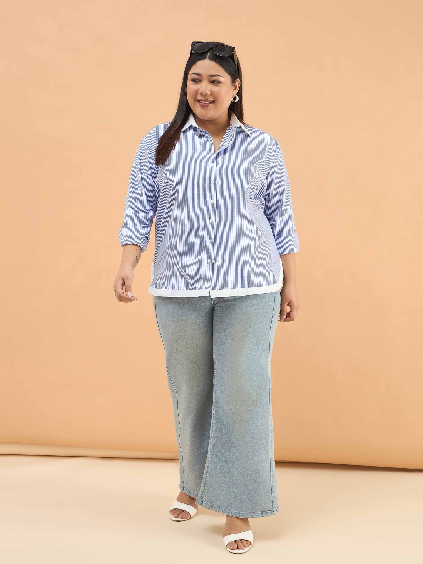Blue Stripes Back Design Hi-Low Shirt