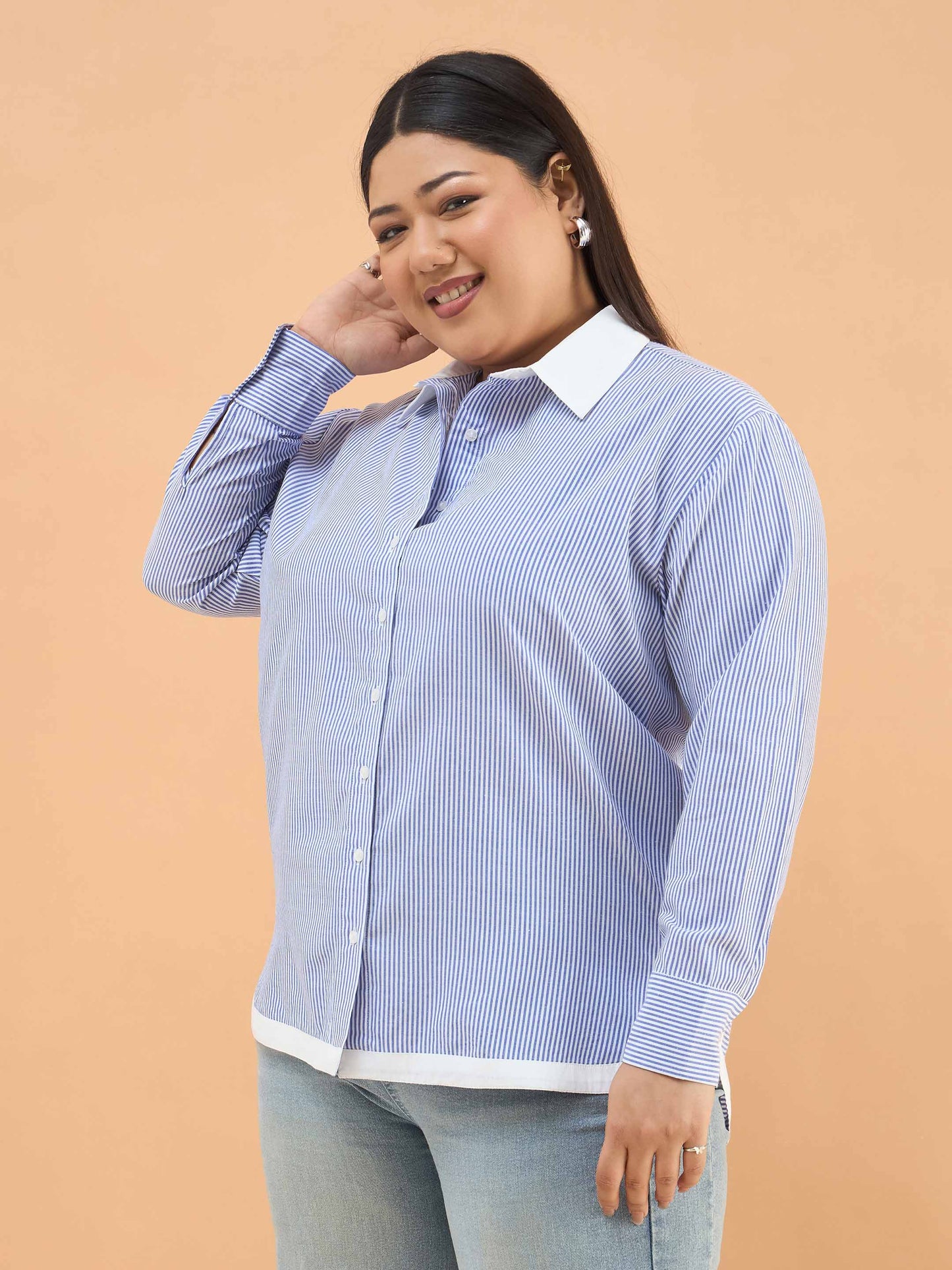 Blue Stripes Back Design Hi-Low Shirt