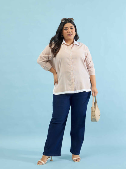 Beige Stripes Back Design Hi-Low Shirt