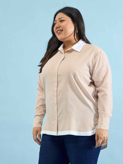 Beige Stripes Back Design Hi-Low Shirt