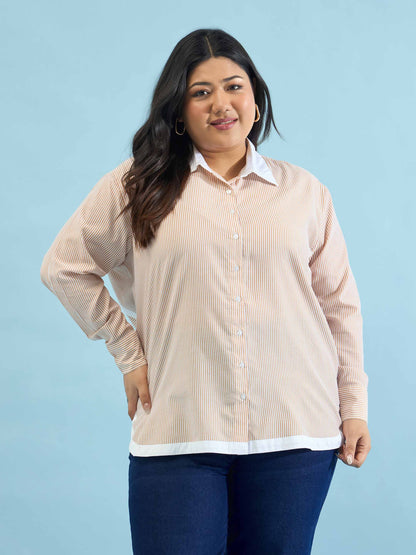 Beige Stripes Back Design Hi-Low Shirt
