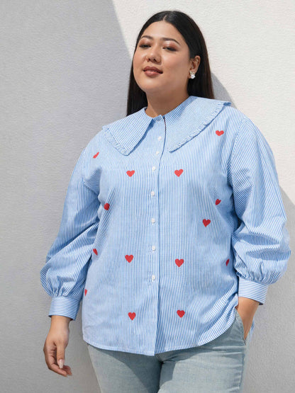 Navy Stripes Heart Print Peter Pan Regular Shirt