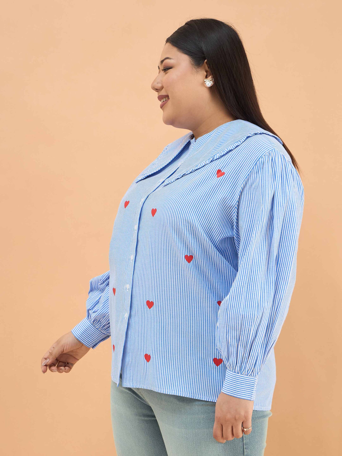 Navy Stripes Heart Print Peter Pan Regular Shirt