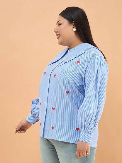 Navy Stripes Heart Print Peter Pan Regular Shirt