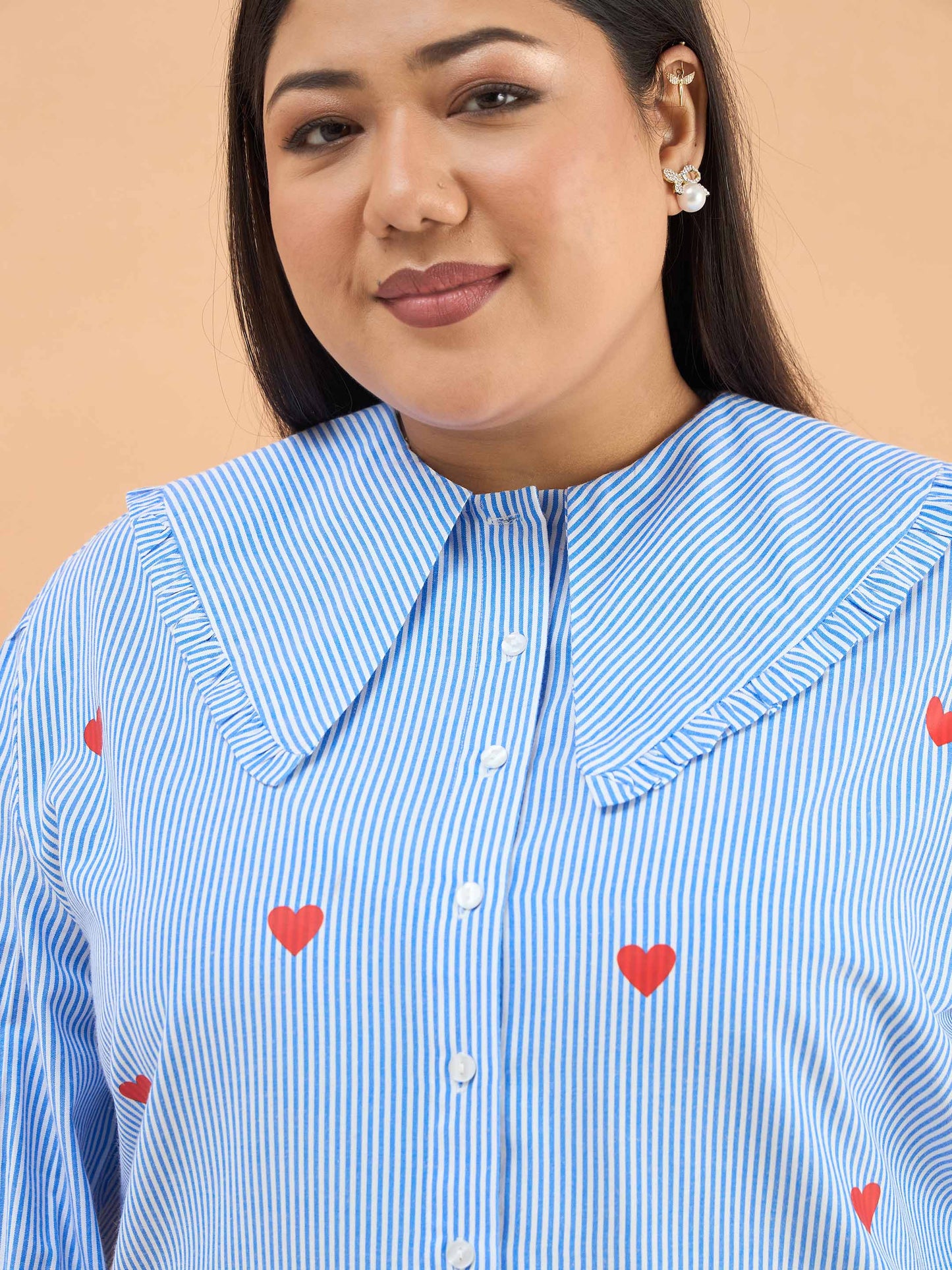 Navy Stripes Heart Print Peter Pan Regular Shirt