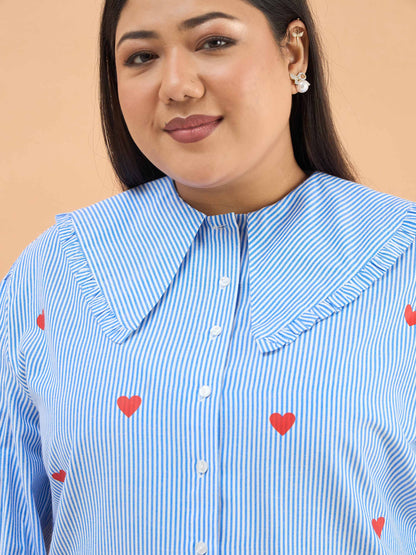 Navy Stripes Heart Print Peter Pan Regular Shirt