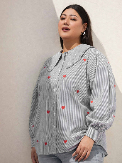 Black Stripes Heart Print Peter Pan Regular Shirt