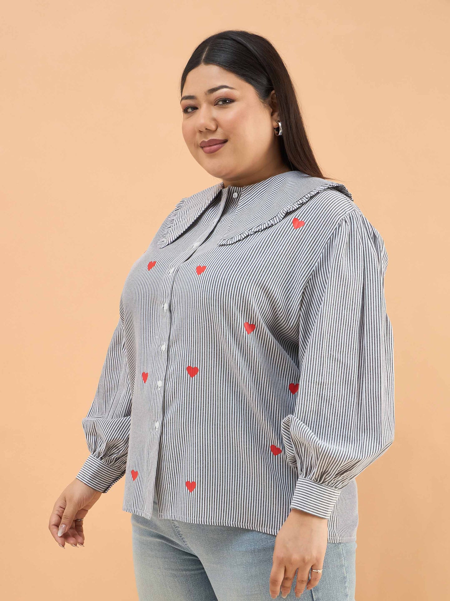 Black Stripes Heart Print Peter Pan Regular Shirt