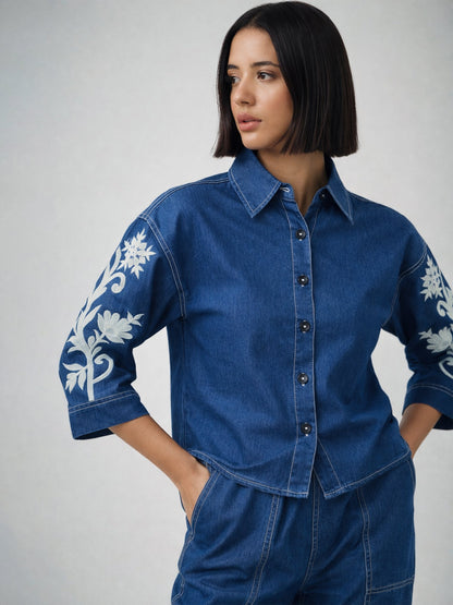 Navy Embroidered Tencel Crop Shirt