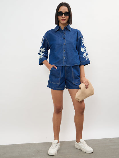 Navy Embroidered Tencel Crop Shirt