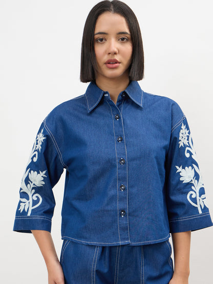 Navy Embroidered Tencel Crop Shirt