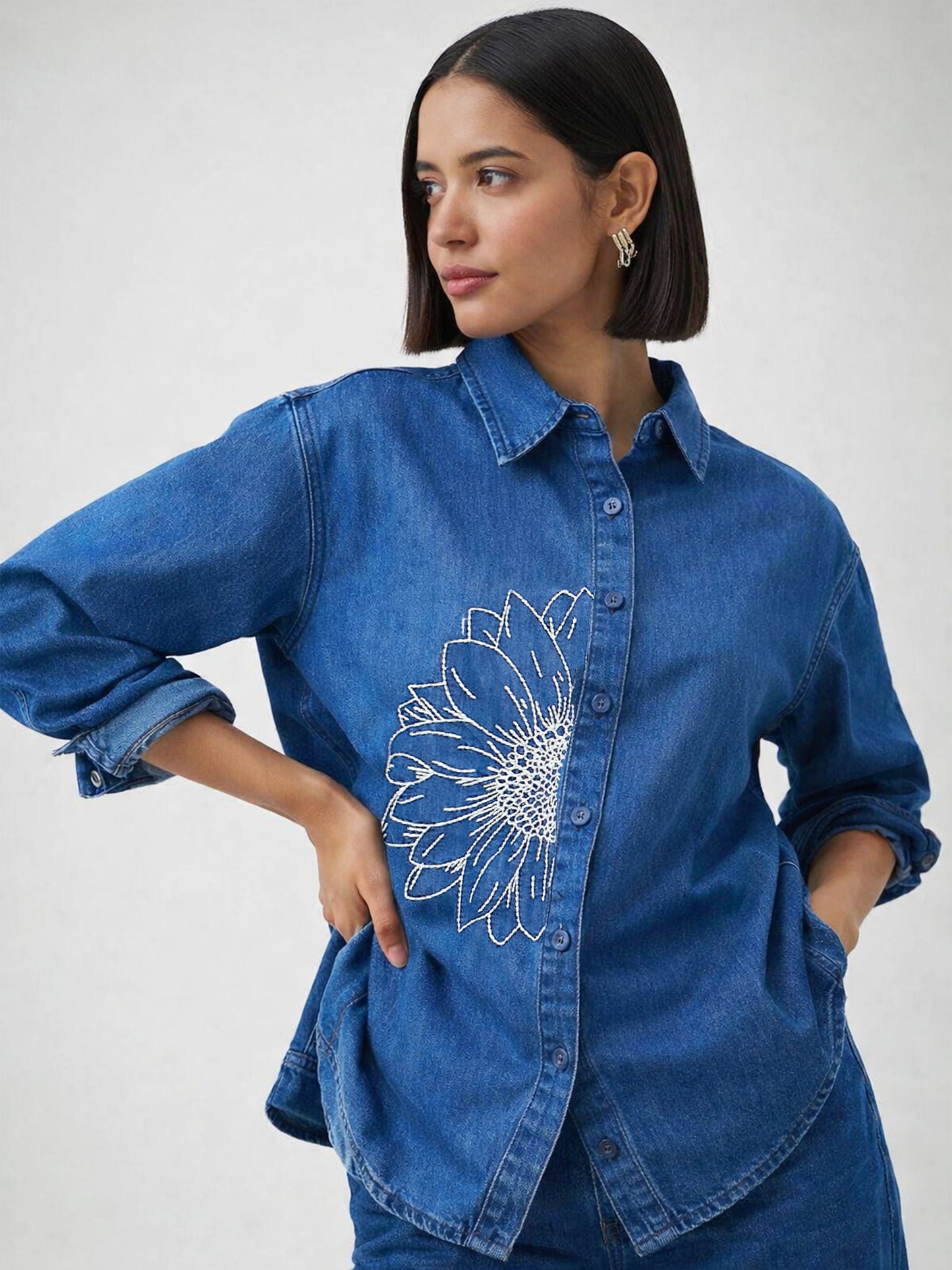 Navy Embroidered Oversize Shirt