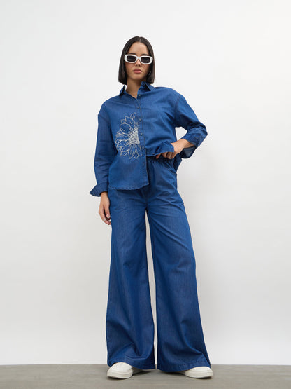 Navy Embroidered Oversize Shirt