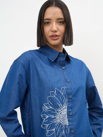 Navy Embroidered Oversize Shirt