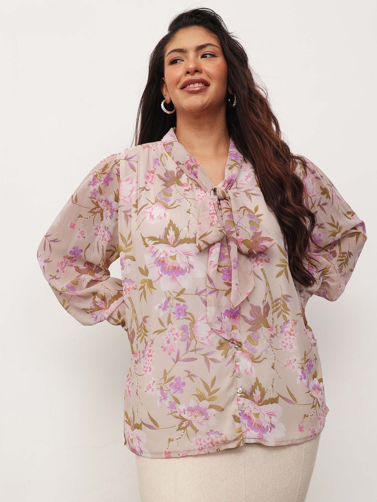 Beige Floral Neck Tie-Up Regular Shirt