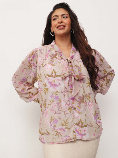 Beige Floral Neck Tie-Up Regular Shirt