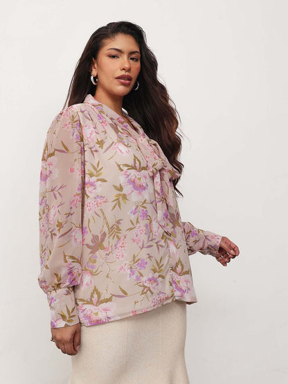 Beige Floral Neck Tie-Up Regular Shirt