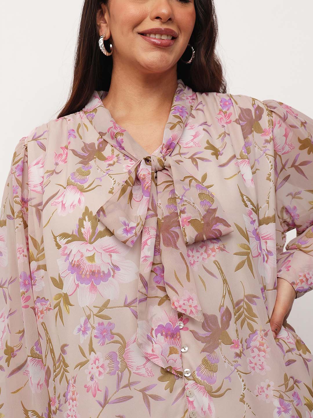 Beige Floral Neck Tie-Up Regular Shirt