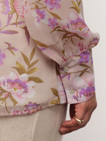 Beige Floral Neck Tie-Up Regular Shirt