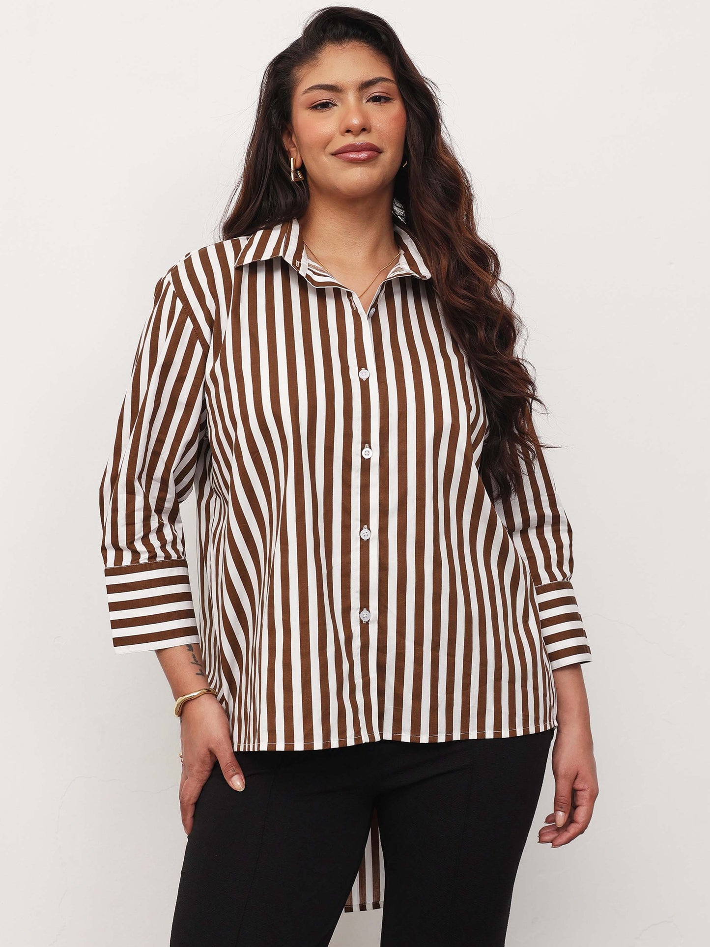 Brown Stripe High-Low Regular Shirt