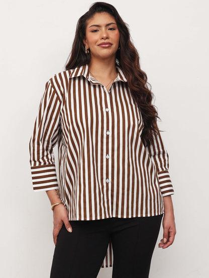 Brown Stripe High-Low Regular Shirt