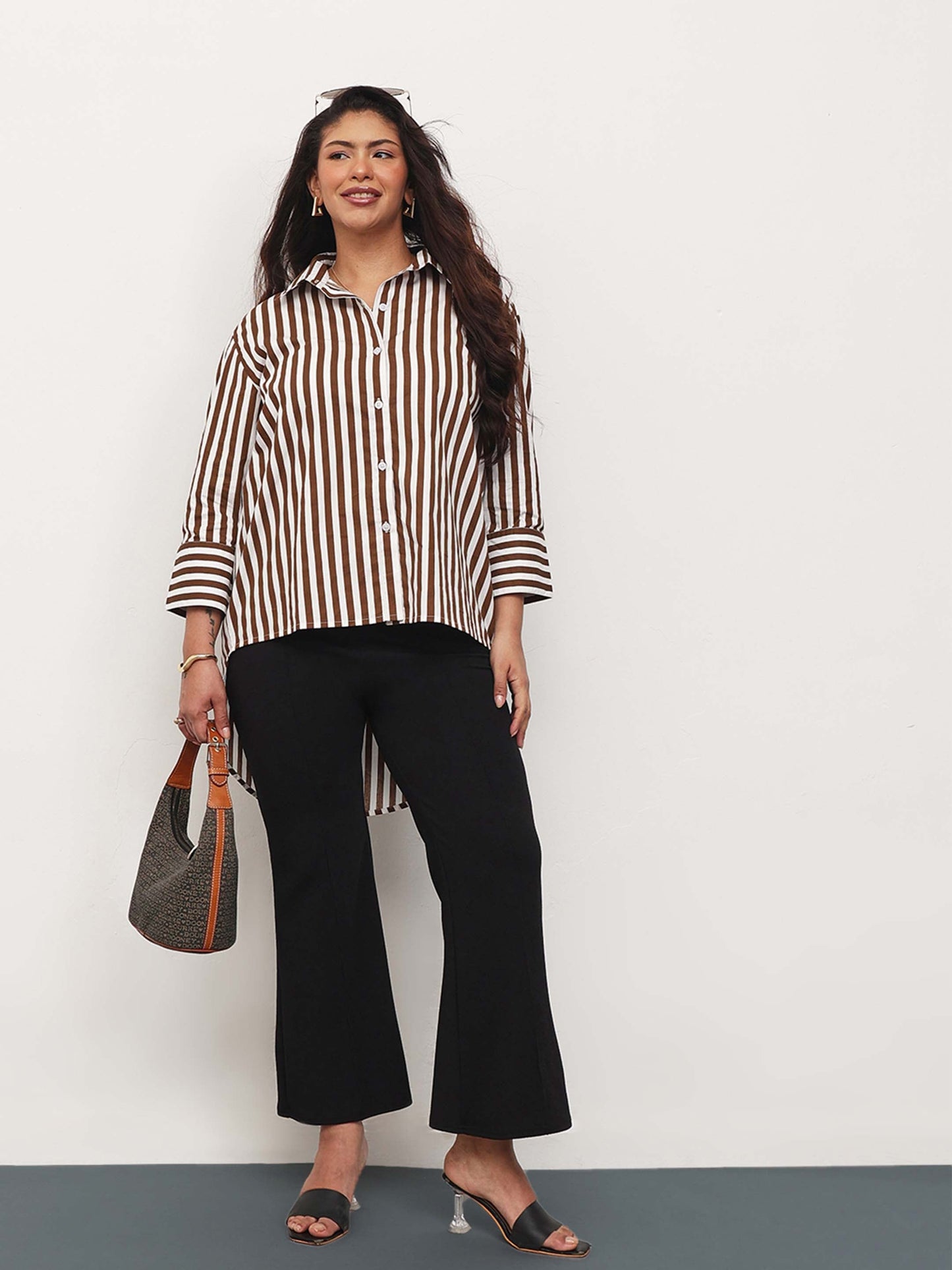 Brown Stripe High-Low Regular Shirt