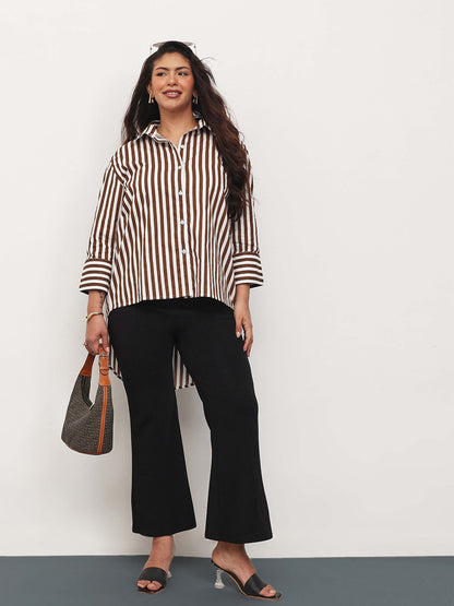 Brown Stripe High-Low Regular Shirt