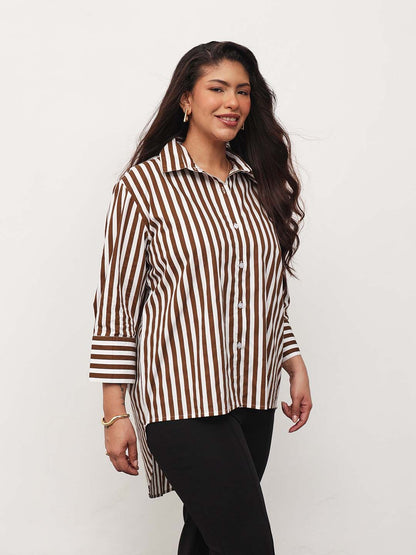 Brown Stripe High-Low Regular Shirt