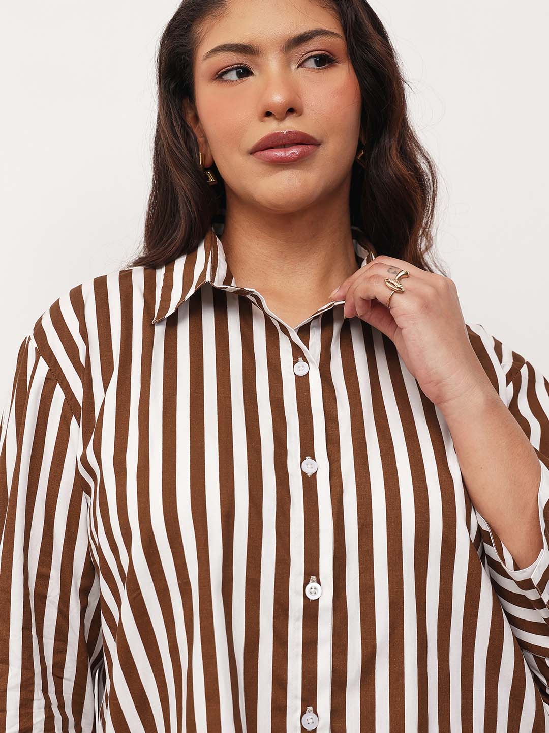 Brown Stripe High-Low Regular Shirt