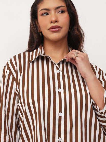 Brown Stripe High-Low Regular Shirt