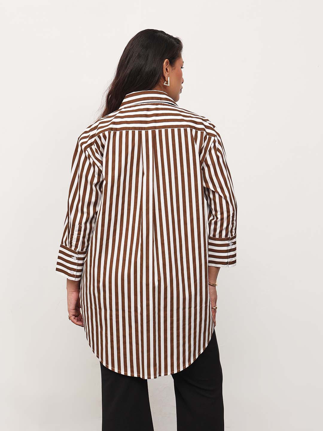 Brown Stripe High-Low Regular Shirt