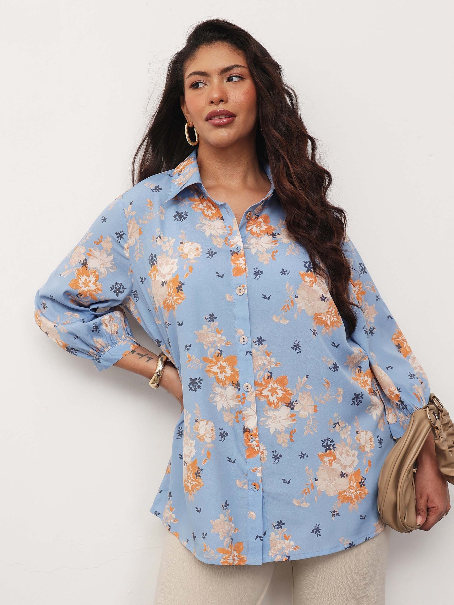 Blue Floral Front Button Regular Shirt