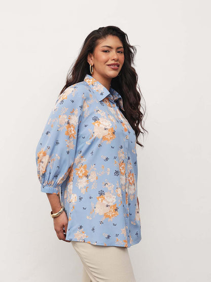 Blue Floral Front Button Regular Shirt