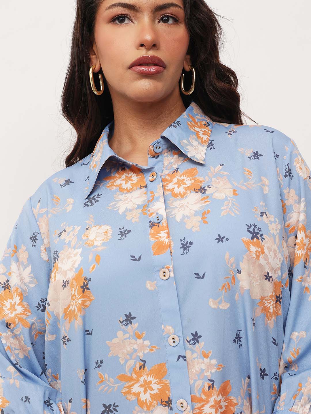 Blue Floral Front Button Regular Shirt