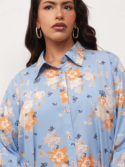 Blue Floral Front Button Regular Shirt