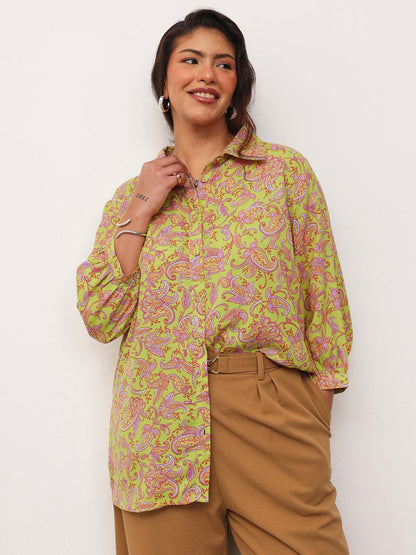 Neon Green Paisley Front Button Regular Shirt